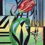 Cycle (Alexis Mendez Collection) - 20" x 26"  acrylic, heavy gel, and ink on canvas with gallery floating frame
The tulip blooms once and only once a year but every consecutive year...the reverence of the blooming resembles a Knight...the tears....the rain....the cycle of life.